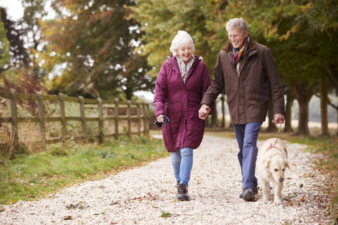 Photo of couple walking dog.